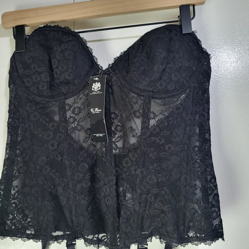 VA BIEN Womens 38B Black Lace Bustier with garters Low Back Sexy Boudoir Goth - Picture 3 of 8
